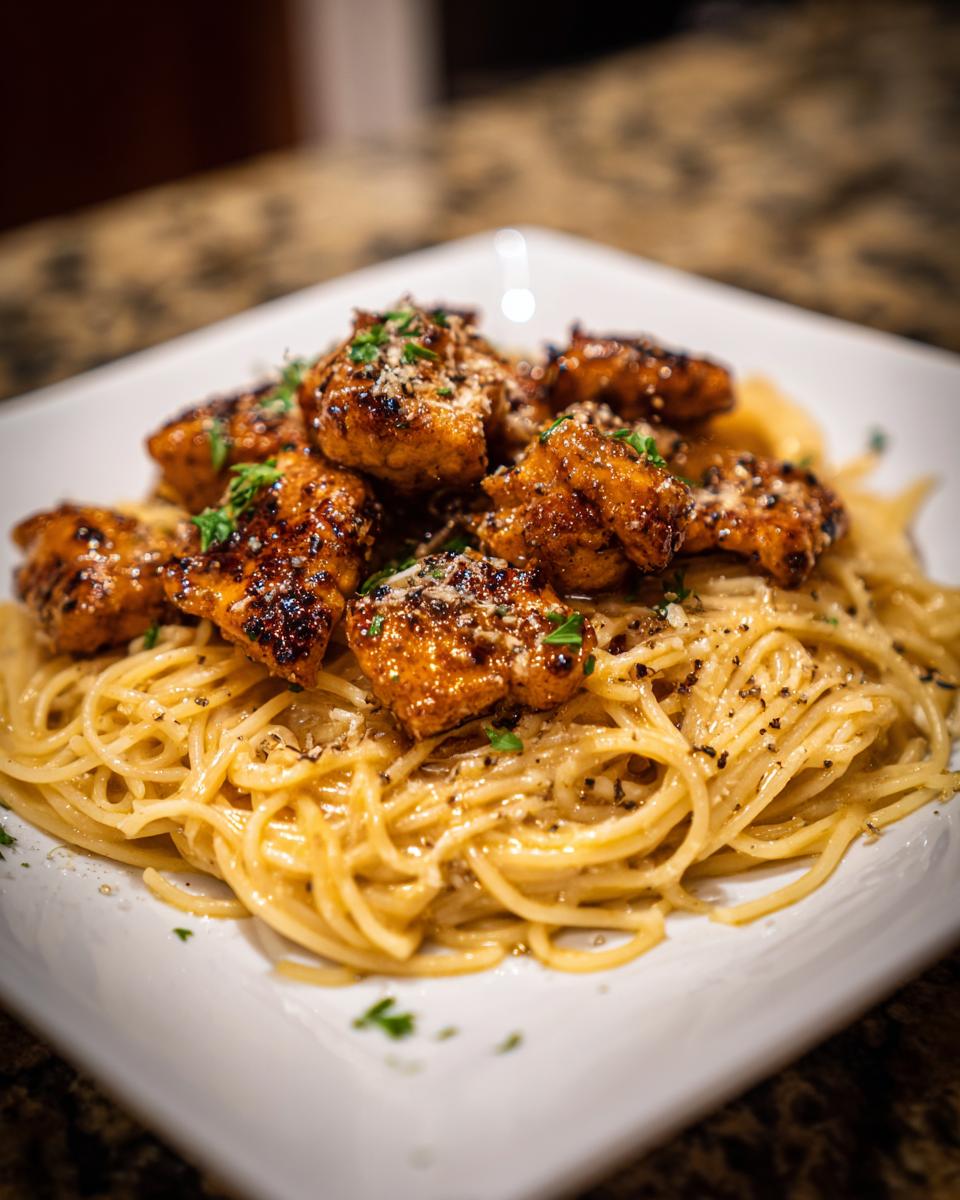 Close-up of Garlic Butter Chicken Bites Creamy Parmesan Pasta on a white plate, garnished with parsley.