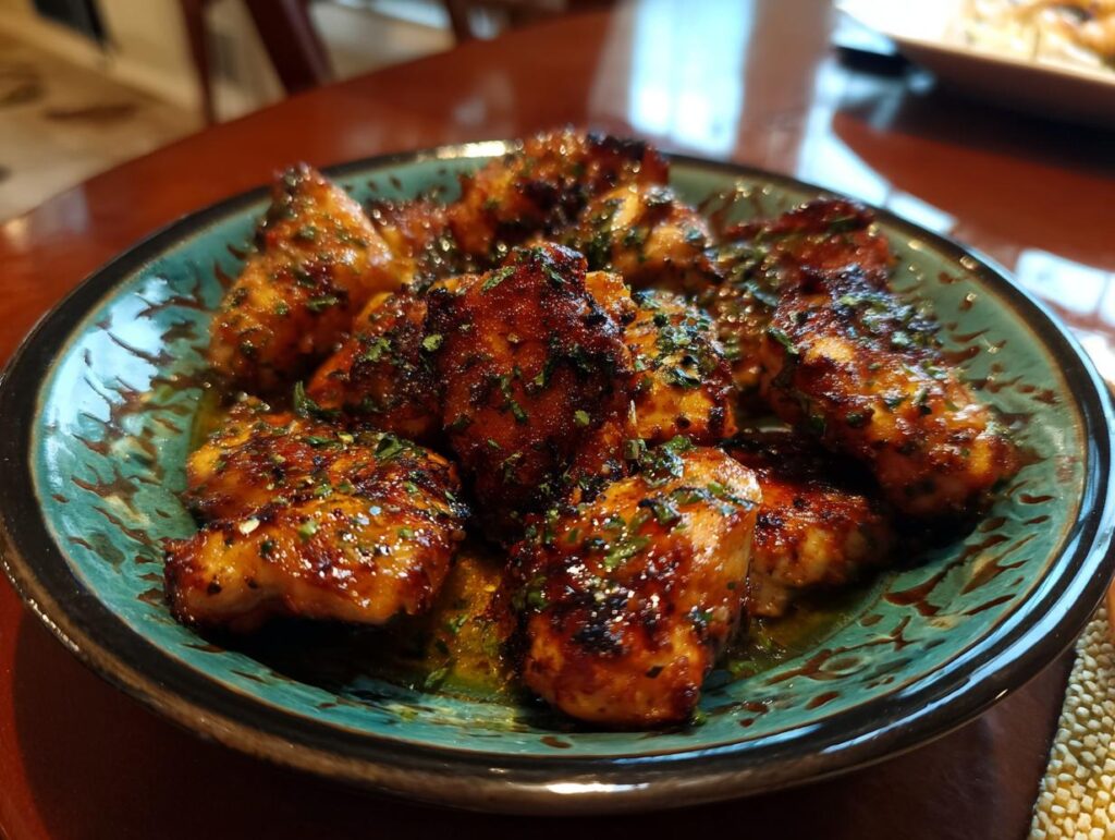 A plate of Grandma's Garlic Butter Chicken, glistening with sauce and garnished with herbs.