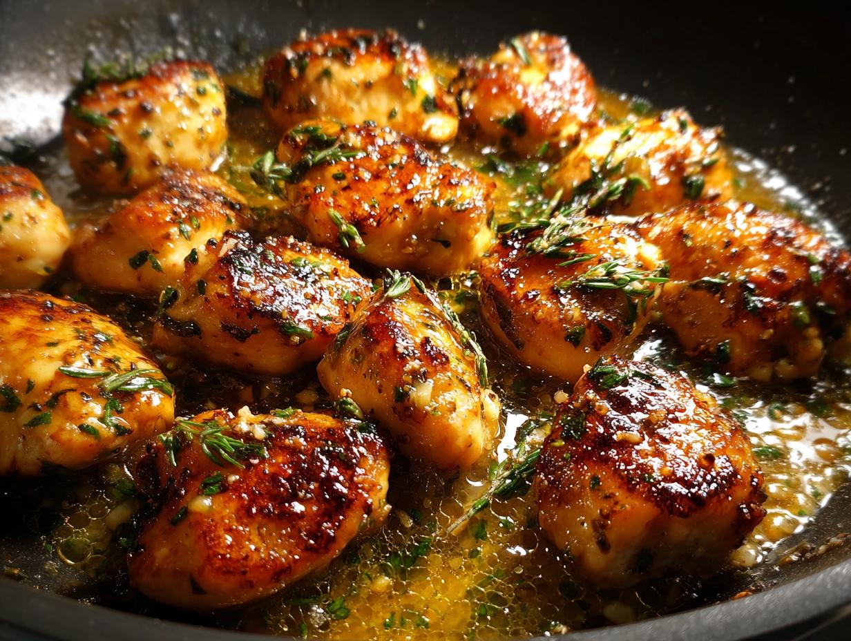 Close-up of Garlic Butter Chicken pieces cooking in a pan, garnished with fresh herbs.