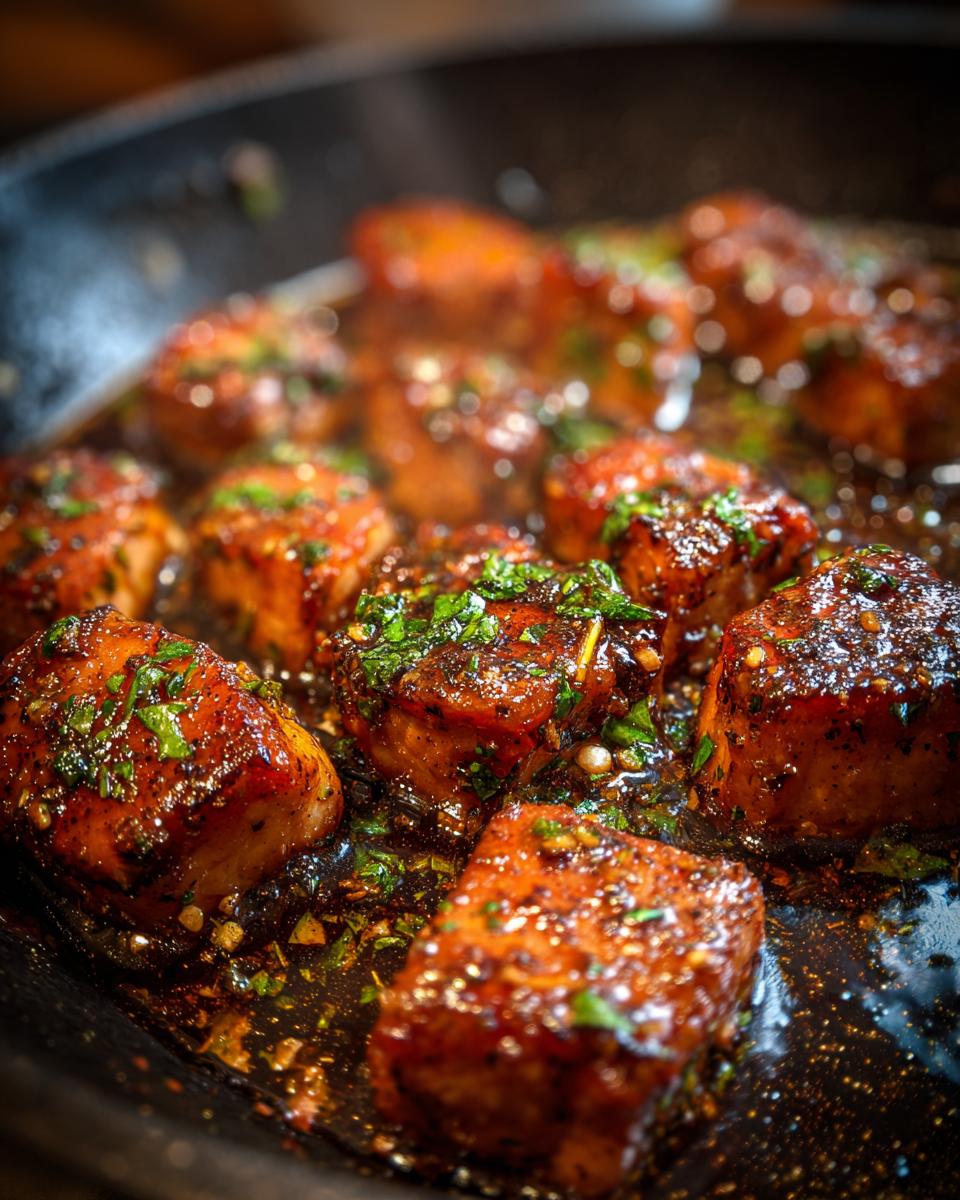 Close-up of Garlic Butter Chicken pieces simmering in a pan with garlic and herbs.