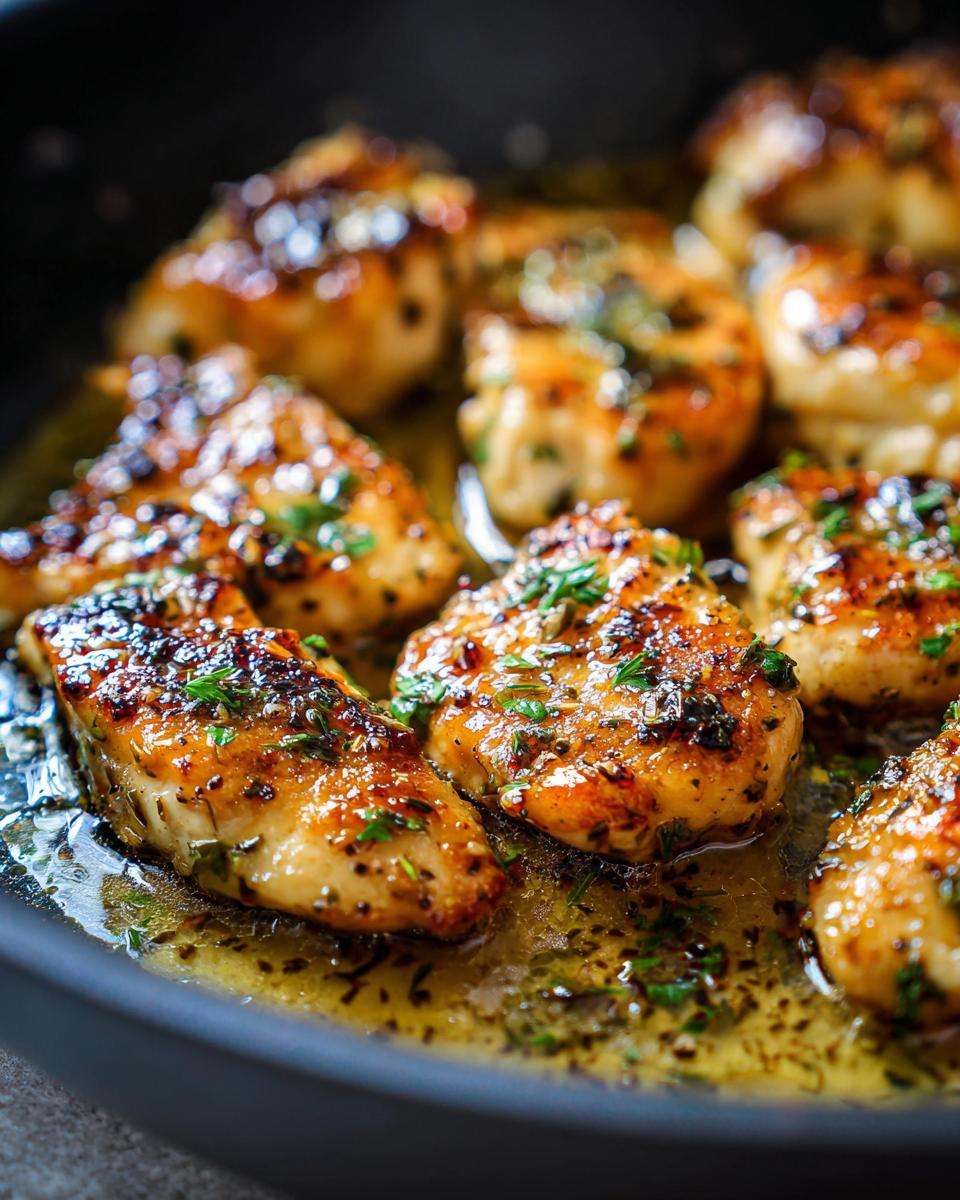 Close-up of Garlic Butter Chicken cooking in a skillet, garnished with fresh herbs.