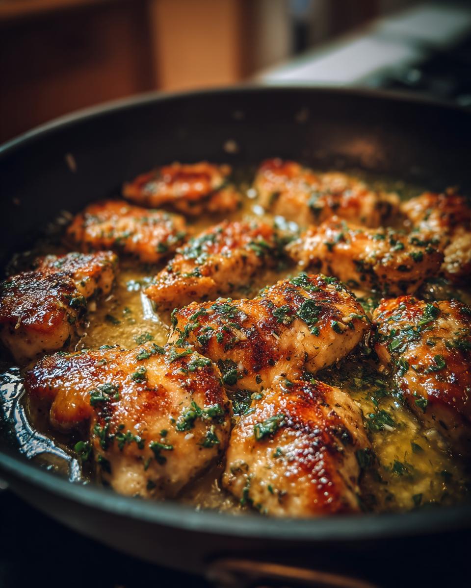 Close-up of Garlic Butter Chicken cooking in a skillet, garnished with fresh herbs.
