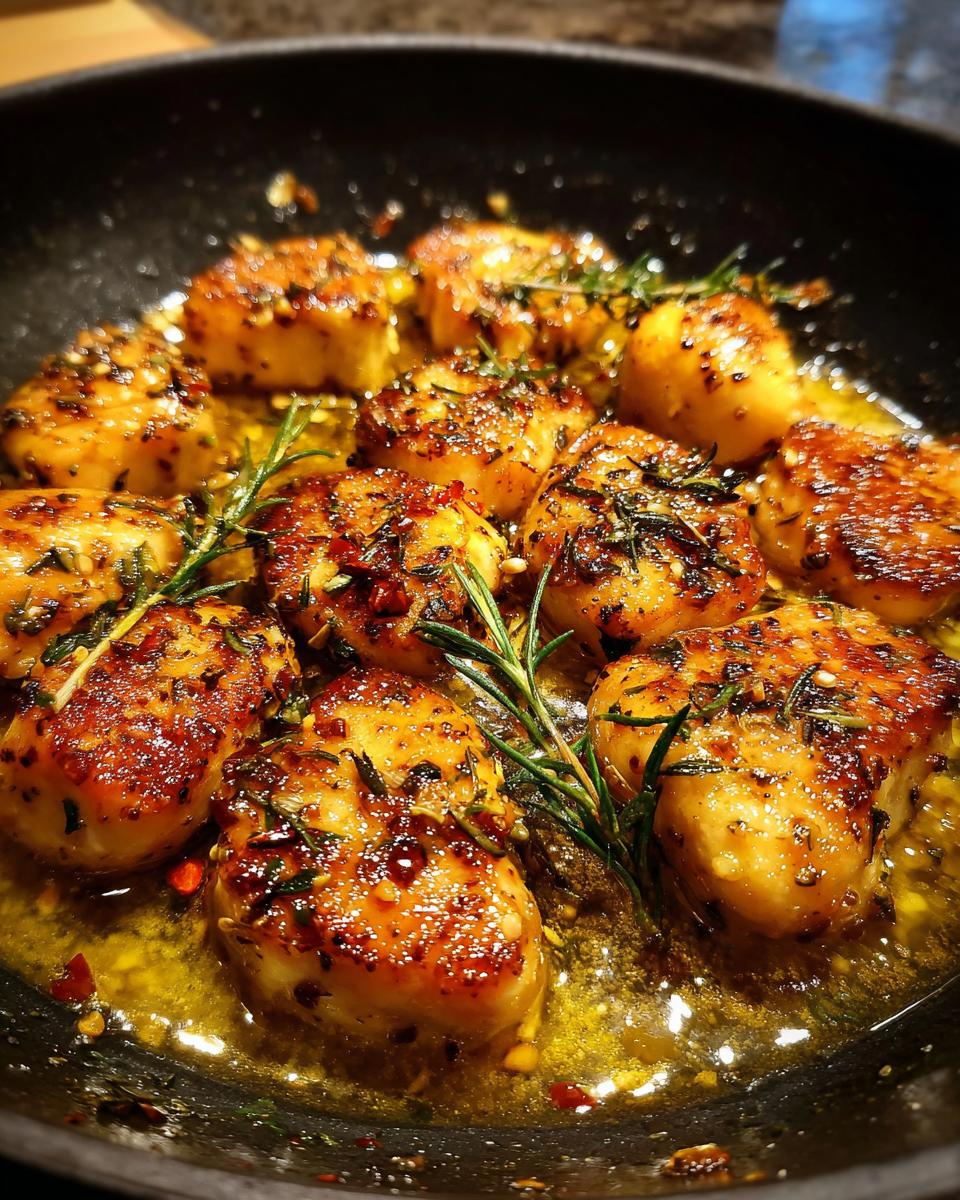 Close-up of Garlic Butter Chicken pieces in a pan with rosemary and spices.