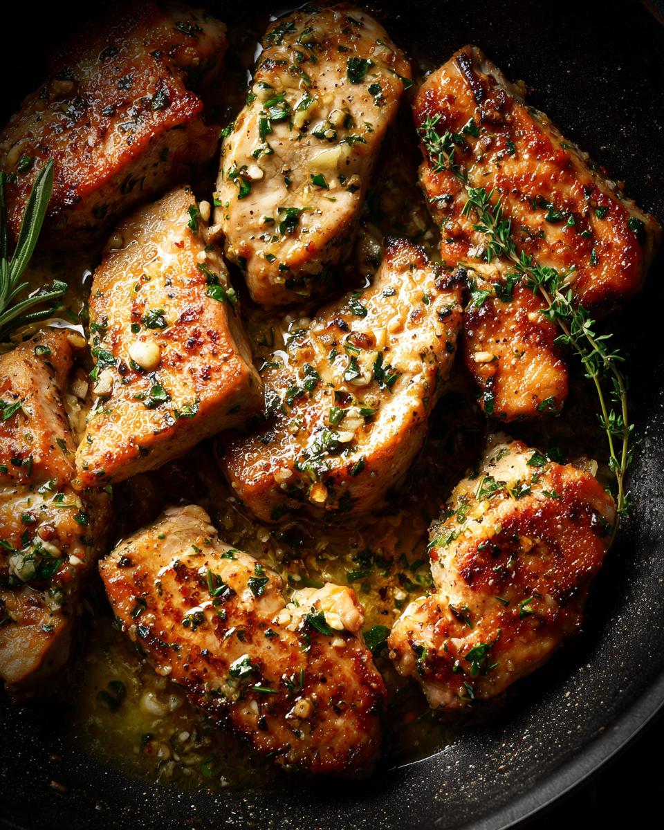 Delicious Garlic Butter Chicken pieces in a pan, garnished with herbs and garlic.