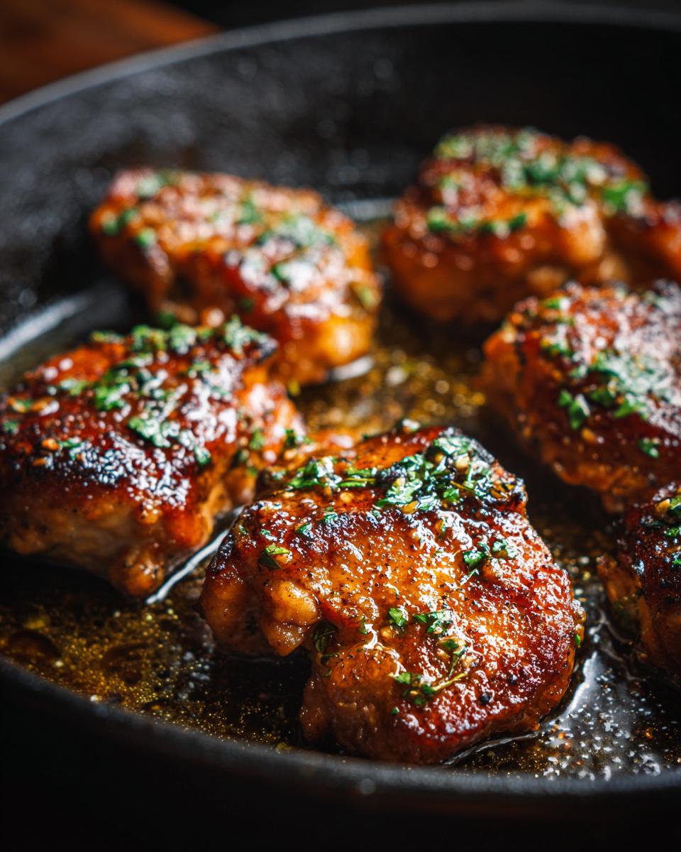 Close-up of Garlic Butter Chicken thighs in a skillet, garnished with fresh herbs.