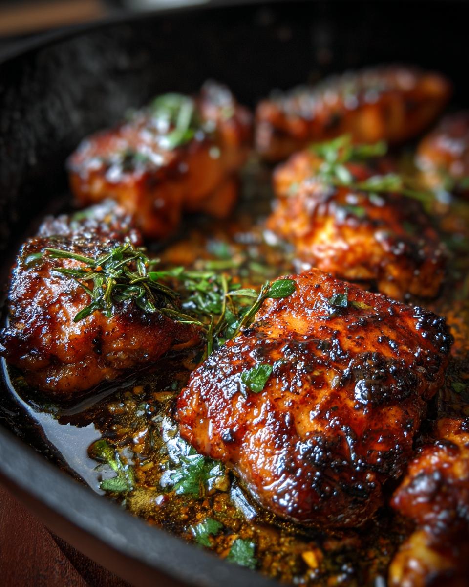 Close-up of Garlic Butter Chicken pieces in a skillet, garnished with fresh herbs.