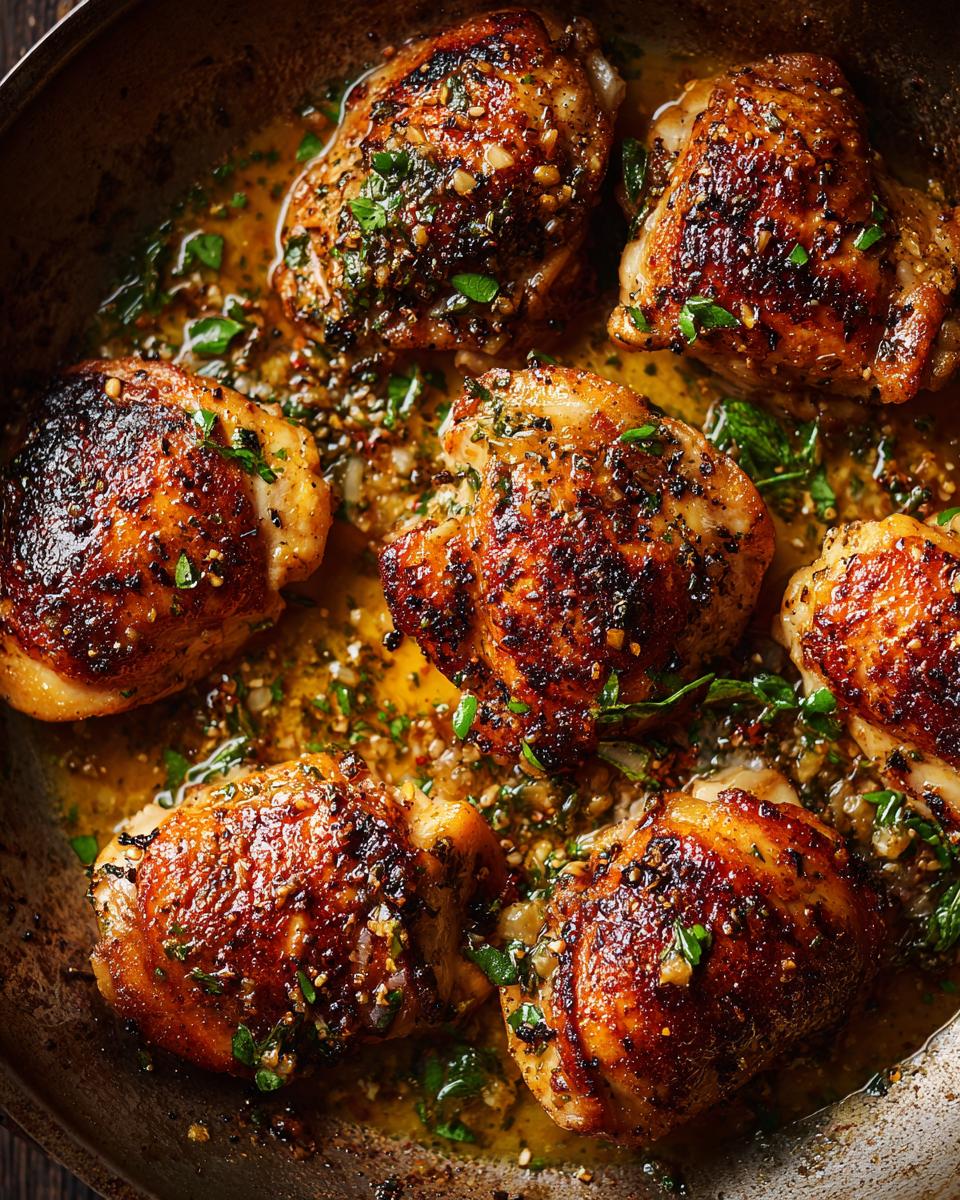 Close-up of Garlic Butter Chicken thighs in a skillet, showcasing the golden-brown skin and flavorful sauce.