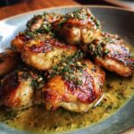 Close-up of Garlic Butter Chicken thighs, glistening with sauce and garnished with herbs.
