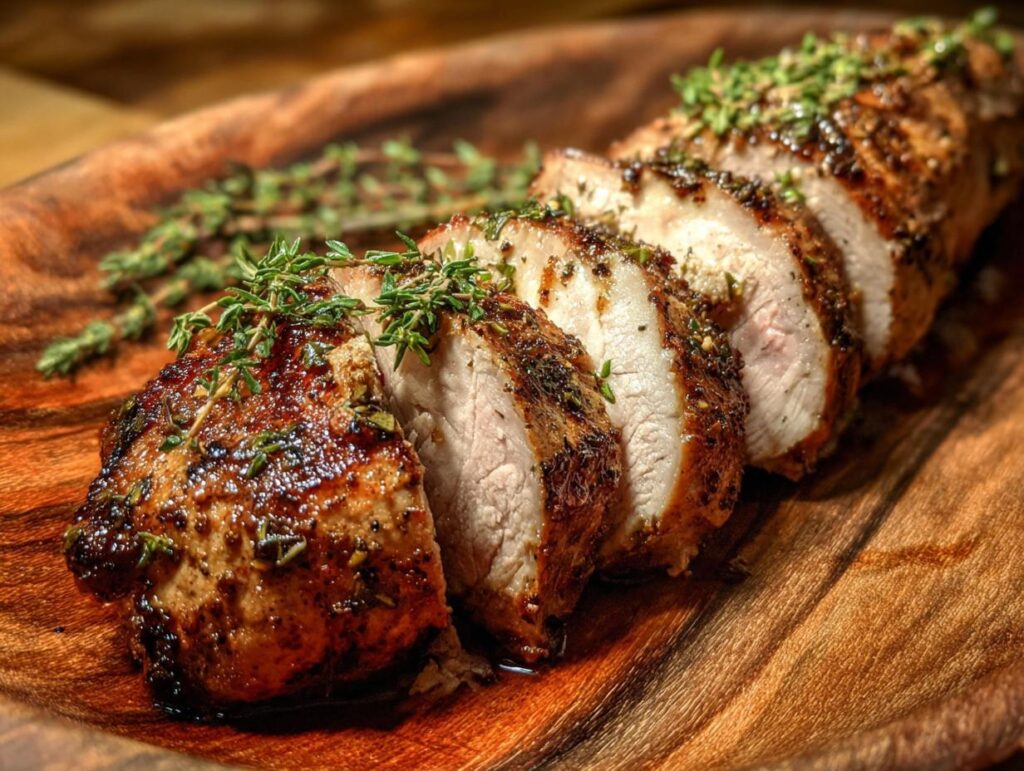 Sliced Foolproof Garlic Herb Pork Tenderloin on a wooden board, garnished with fresh thyme.