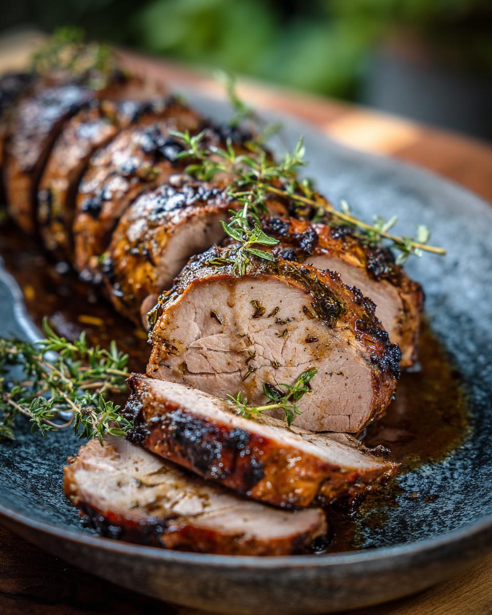 Juicy sliced Foolproof Garlic Herb Pork Tenderloin on a dark platter, garnished with fresh thyme.