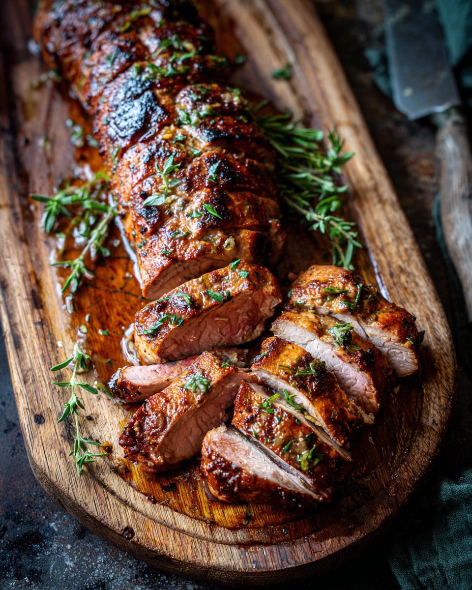 Sliced Foolproof Garlic Herb Pork Tenderloin on a wooden board, garnished with fresh herbs.