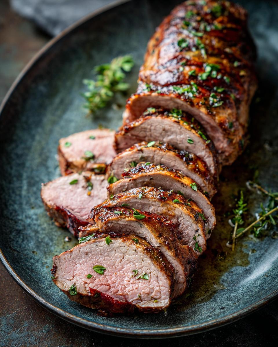 Juicy sliced Foolproof Garlic Herb Pork Tenderloin on a blue platter, garnished with fresh herbs.