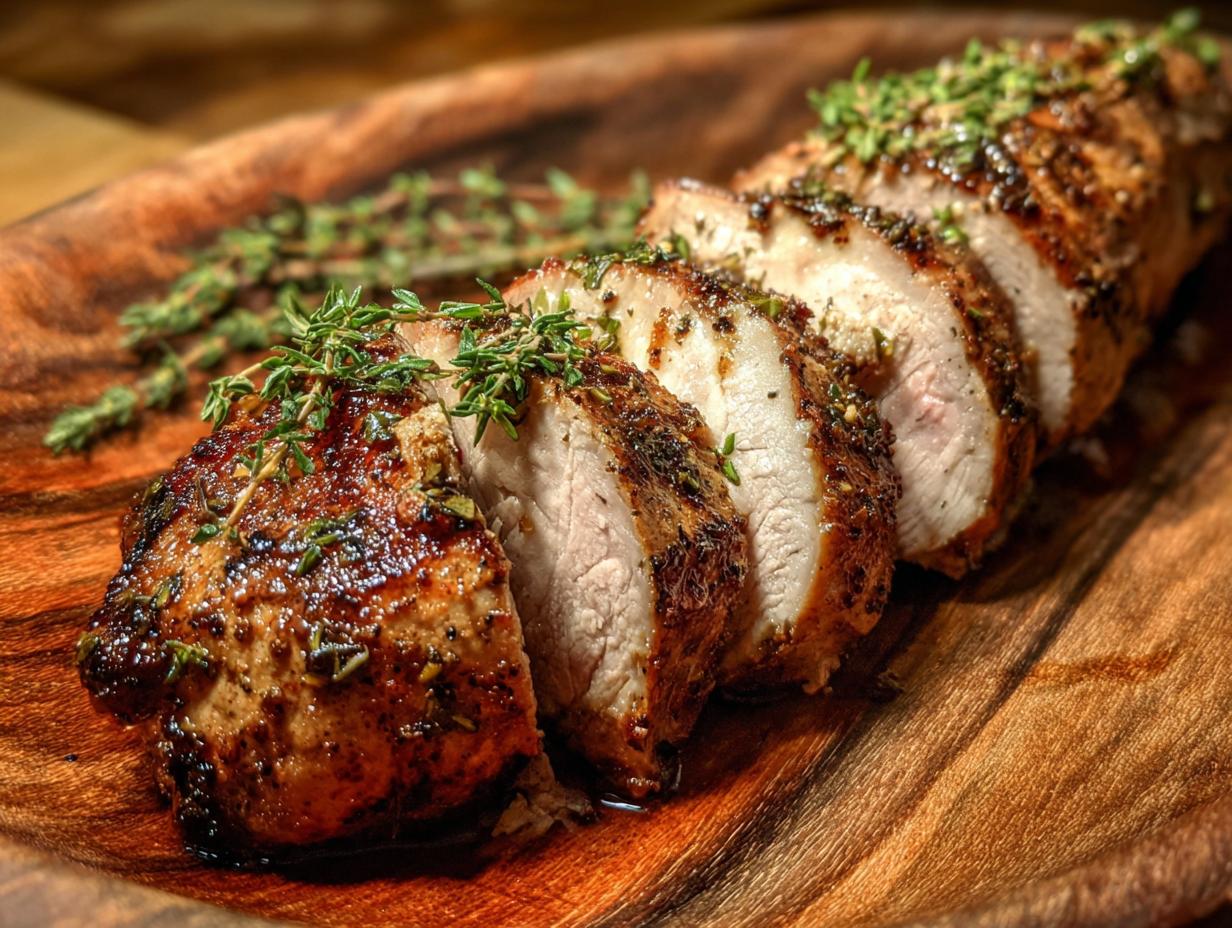 Sliced Foolproof Garlic Herb Pork Tenderloin on a wooden board, garnished with fresh thyme.