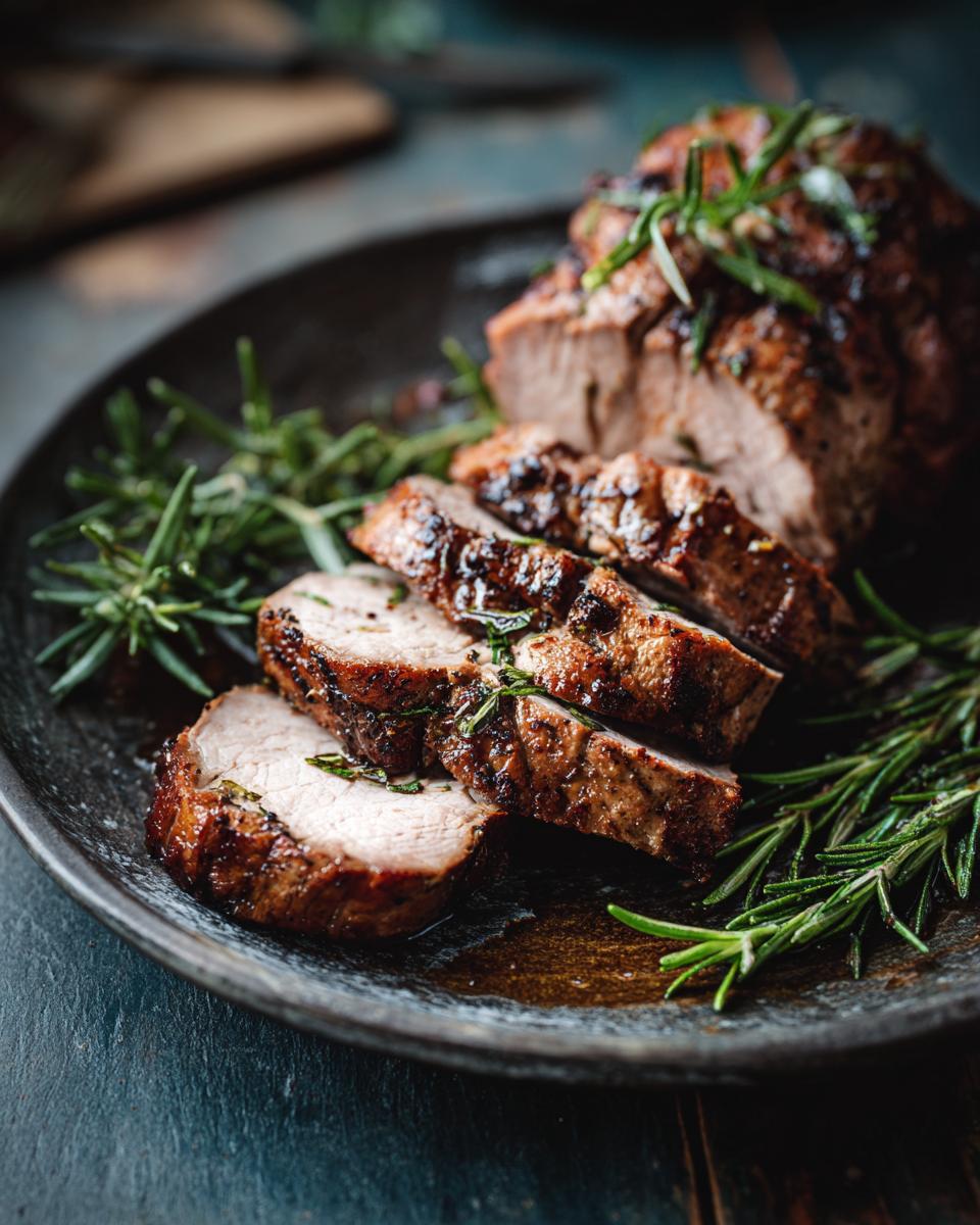 Sliced Foolproof Garlic Herb Pork Tenderloin on a dark plate, garnished with fresh rosemary.