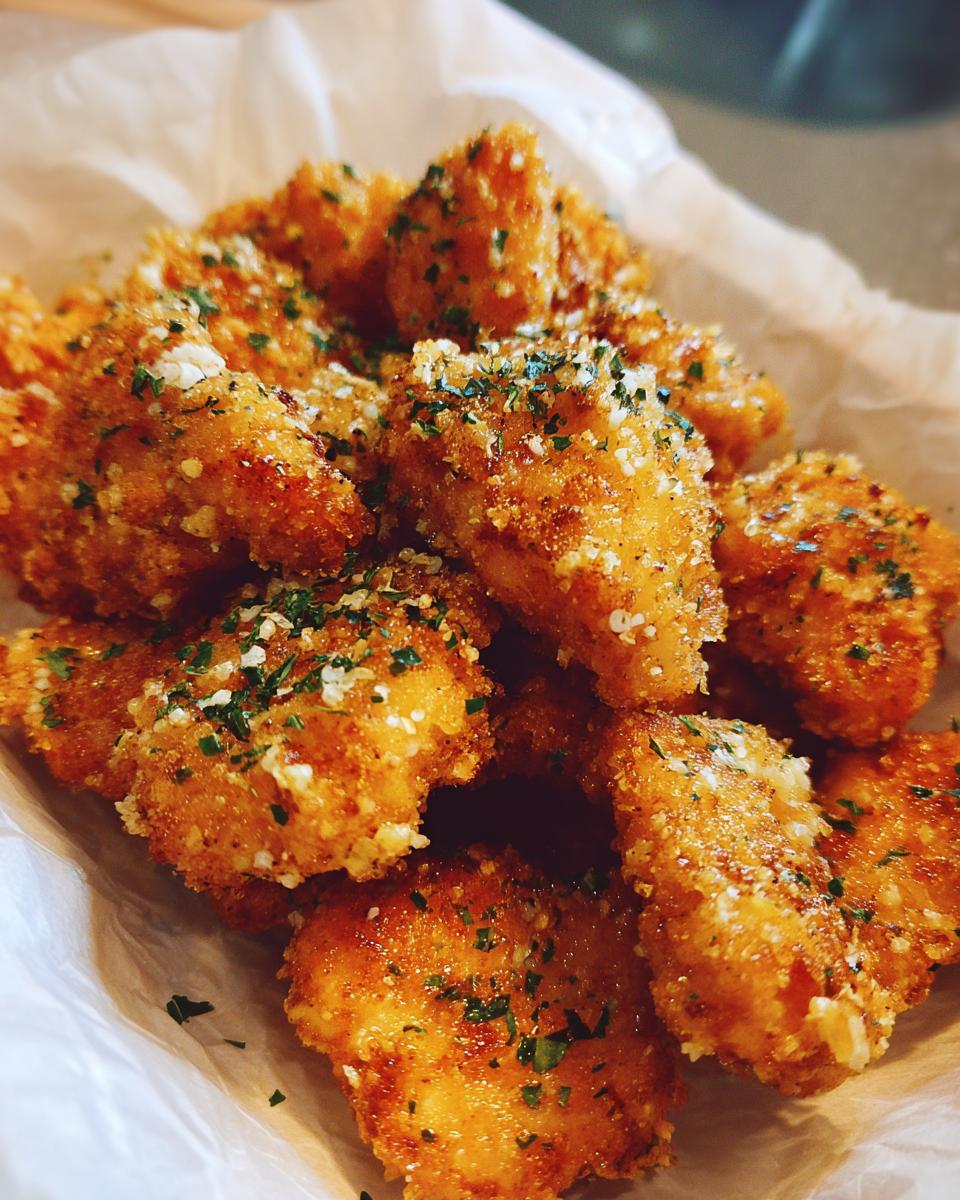 Close-up of crispy Garlic Parmesan Chicken bites, garnished with herbs, served on parchment paper.