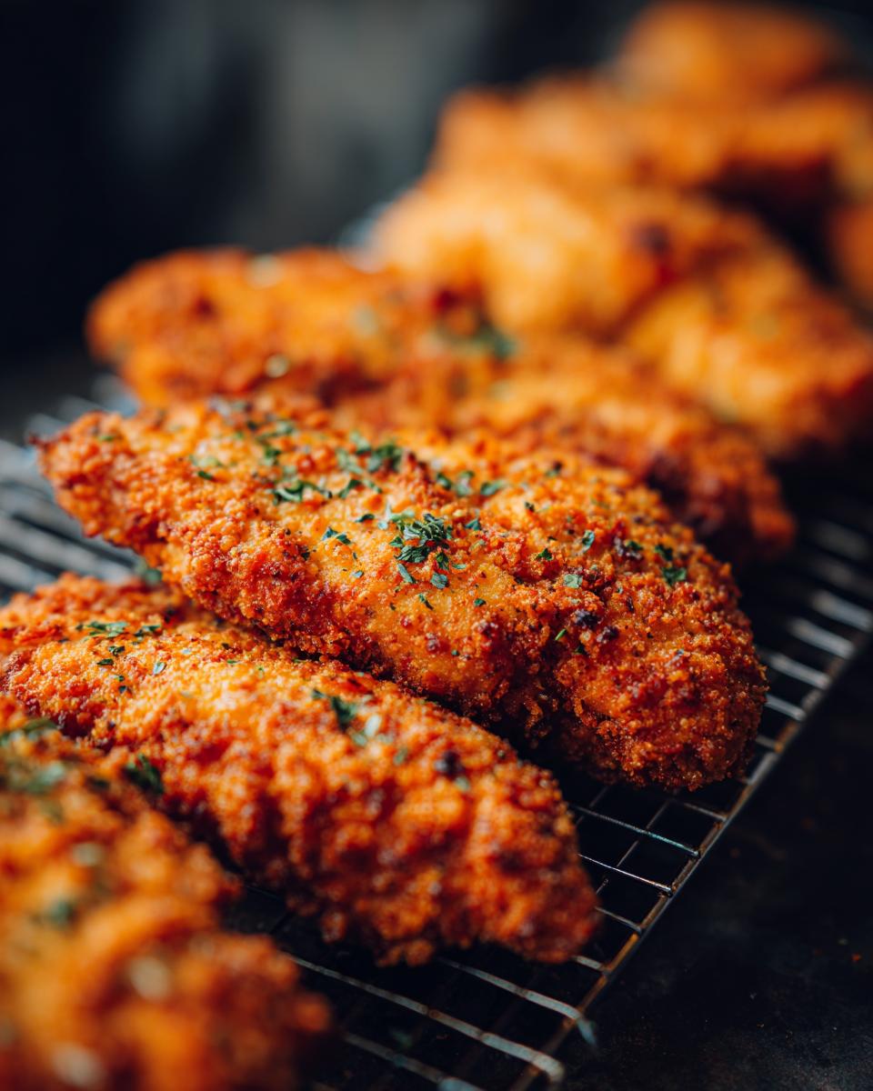 Close-up of golden-brown Garlic Parmesan Chicken pieces on a wire rack, garnished with herbs.
