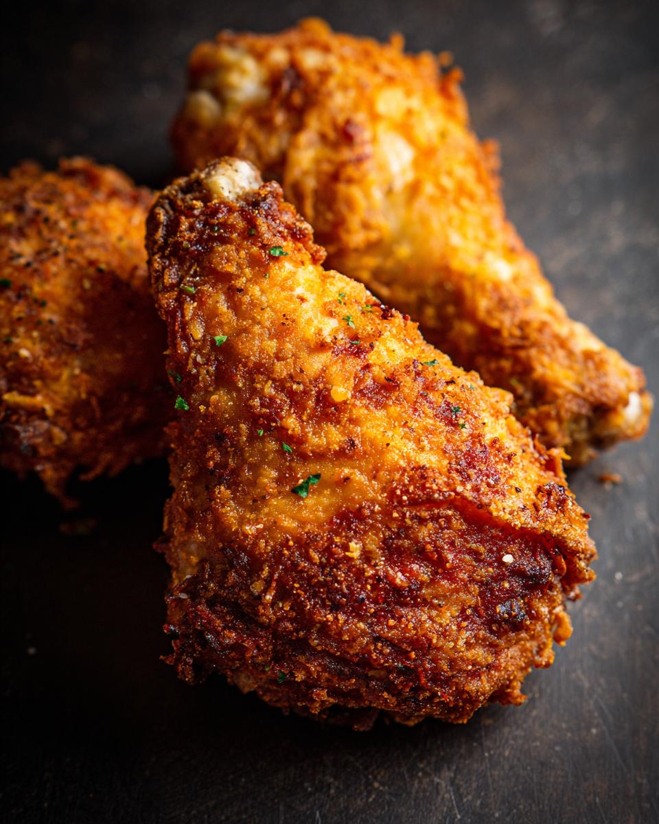 Close-up of golden-brown Garlic Parmesan Chicken drumsticks with a crispy coating on a dark surface.