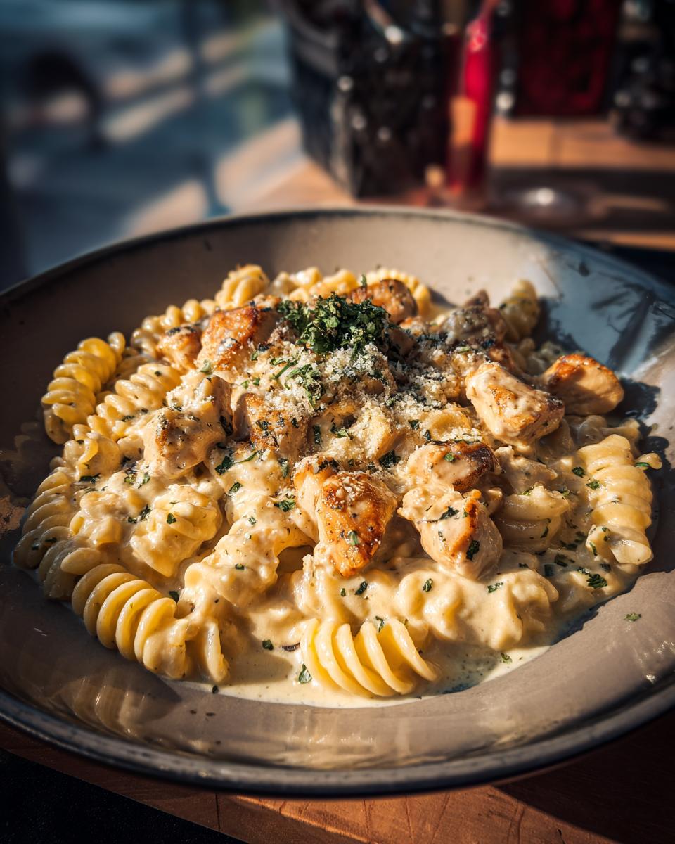 A bowl of creamy Garlic Parmesan Chicken Pasta with rotini, tender chicken, parmesan, and herbs.