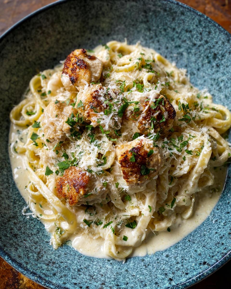 A bowl of creamy Garlic Parmesan Chicken Pasta, topped with parmesan cheese and fresh parsley.
