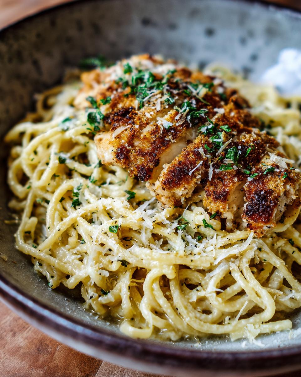 Bowl of Garlic Parmesan Chicken Pasta with sliced chicken, parmesan cheese, and herbs.