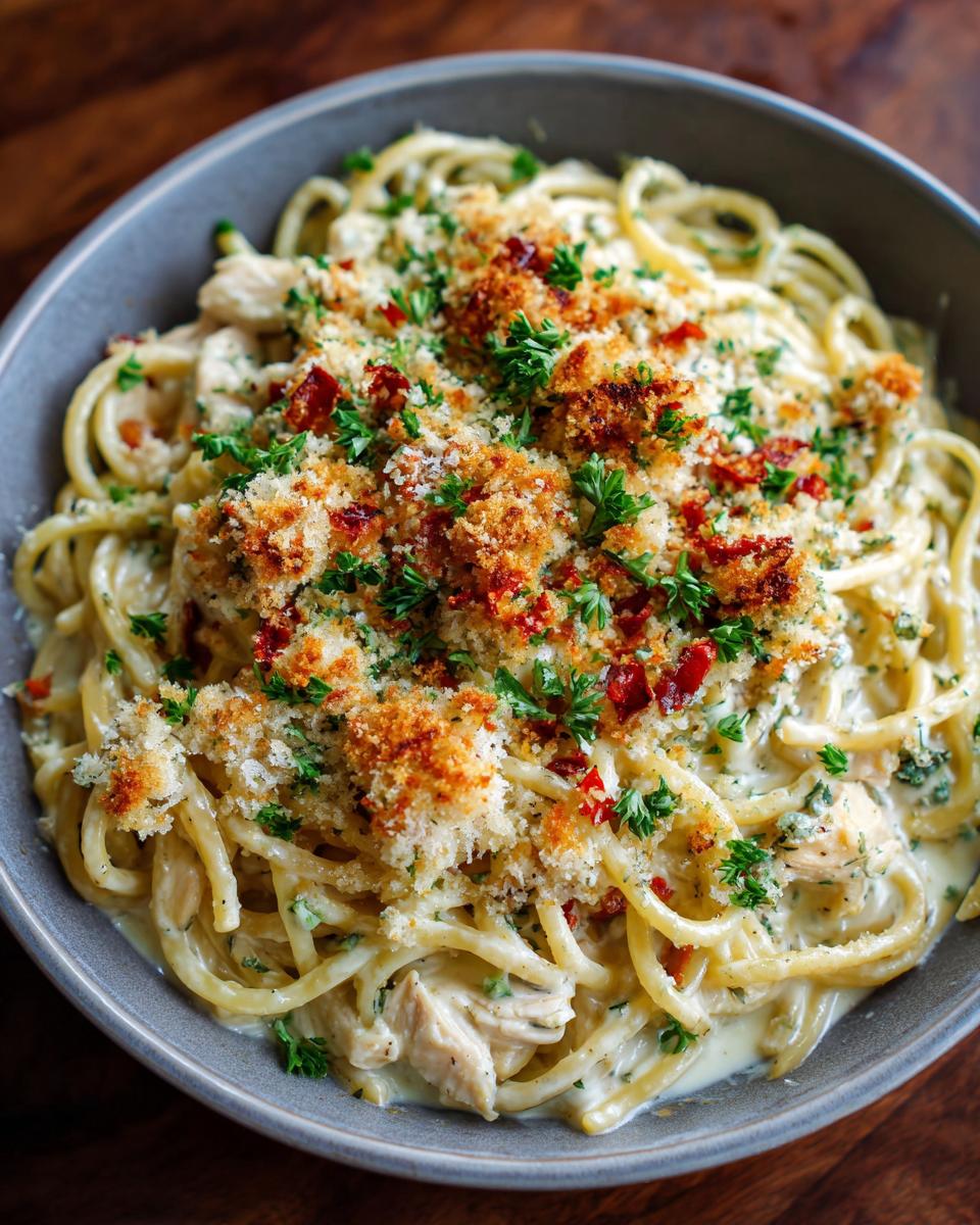 A delicious bowl of Garlic Parmesan Chicken Pasta topped with breadcrumbs and parsley.