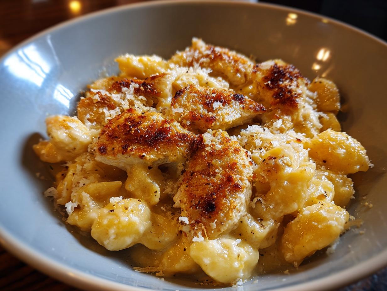 A bowl of creamy Garlic Parmesan Chicken Pasta, featuring tender chicken and a rich, cheesy sauce.