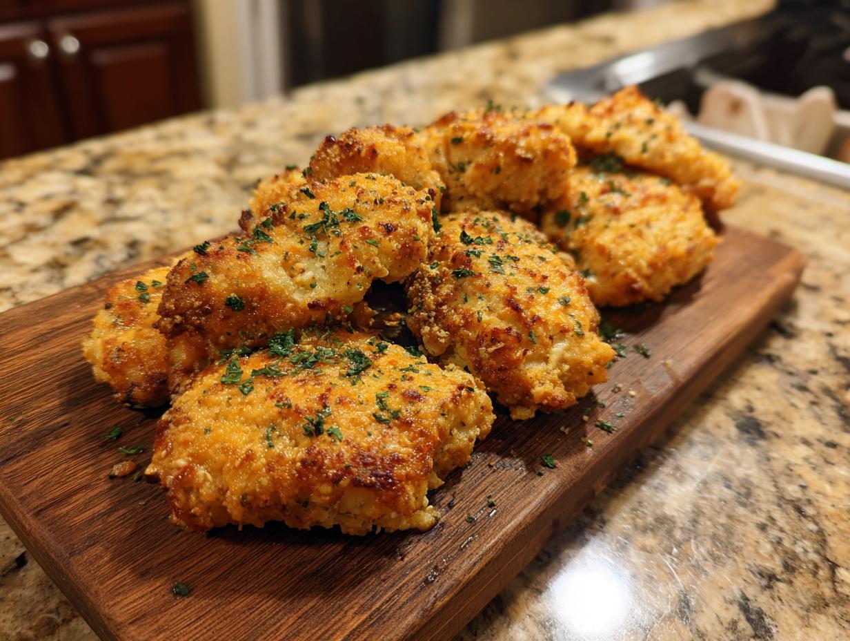 Pile of golden-brown Garlic Parmesan Chicken pieces on a wooden board, garnished with parsley.