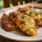 Close-up of Garlic Parmesan Chicken pieces on a plate, showcasing the golden-brown crust and herb garnish.