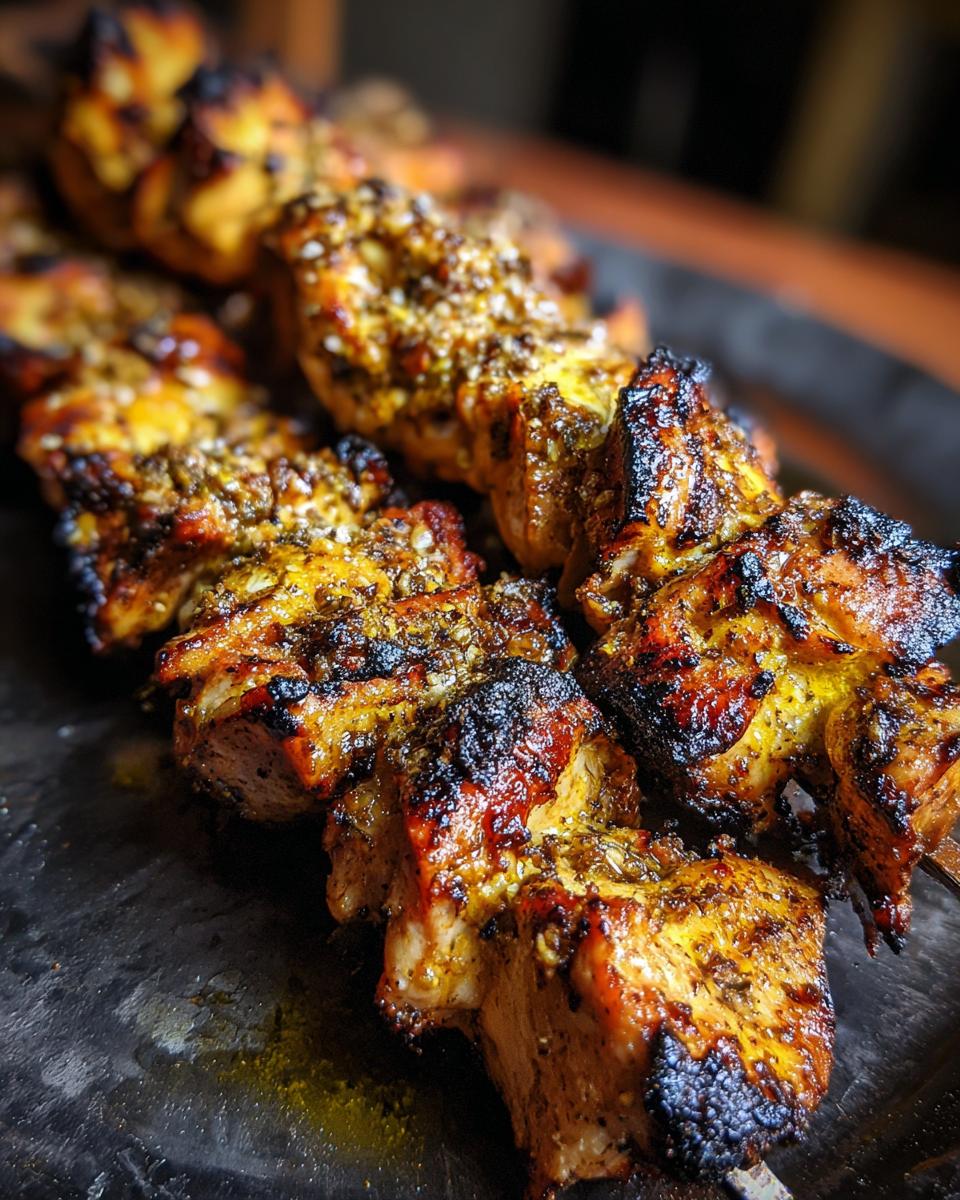 Close up of Garlic Parmesan Chicken Skewers, grilled to perfection and seasoned.