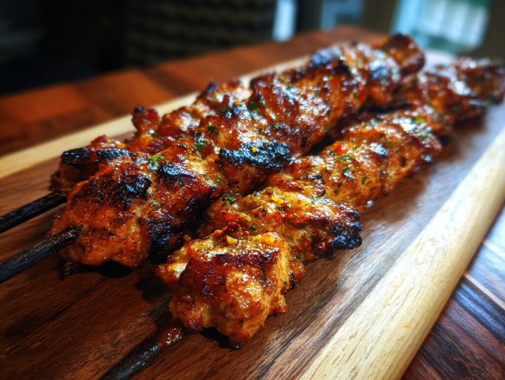 Close-up of grilled Garlic Parmesan Chicken Skewers on a wooden board, showcasing the golden-brown crust and herb garnish.