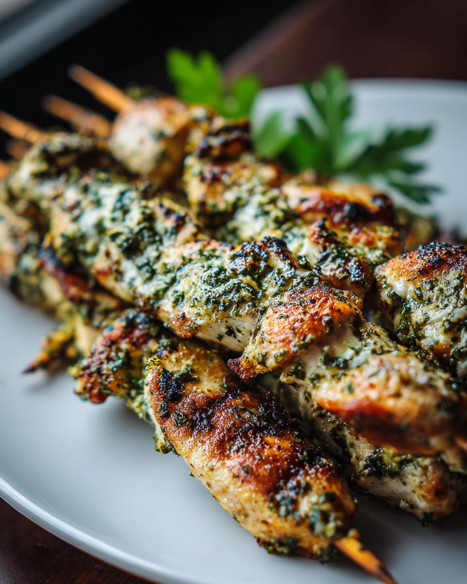Close-up of grilled Garlic Parmesan Chicken Skewers on a white plate, garnished with parsley.