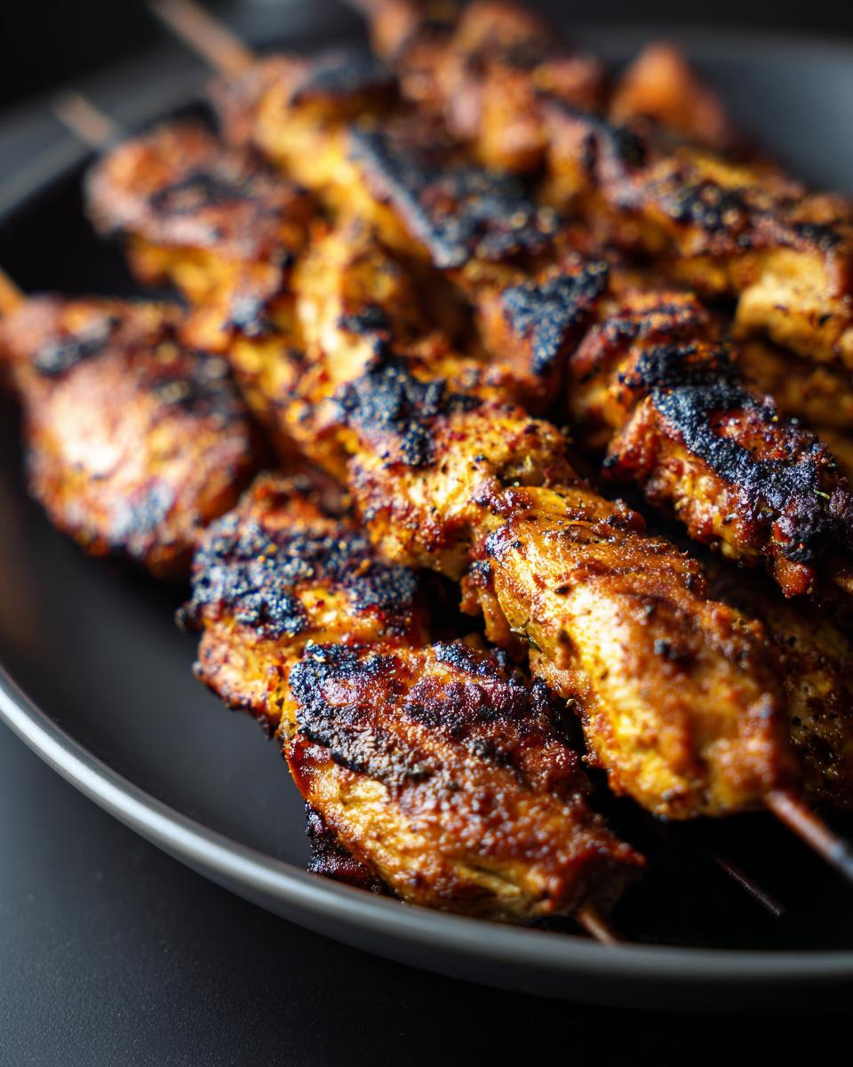 Close-up of Garlic Parmesan Chicken Skewers on a dark plate, showing the grilled texture and seasoning.