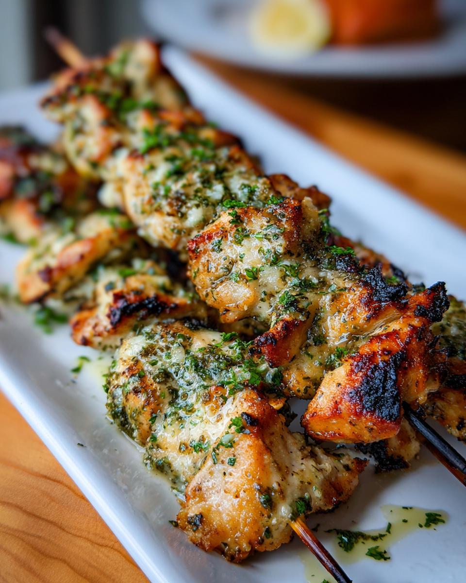 Close-up of Garlic Parmesan Chicken Skewers on a white plate, garnished with fresh herbs.