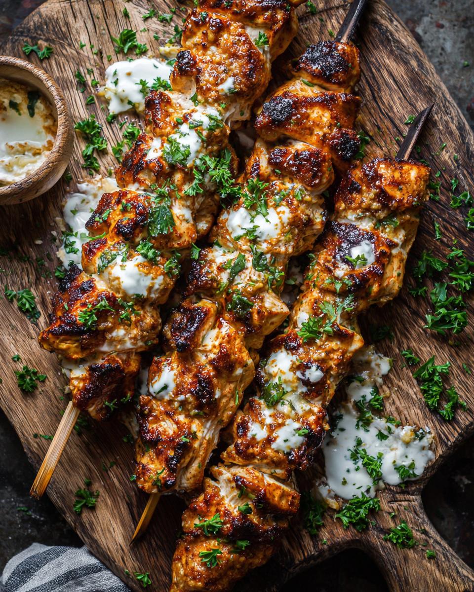 Overhead view of Garlic Parmesan Chicken Skewers drizzled with sauce and parsley on a wooden board.