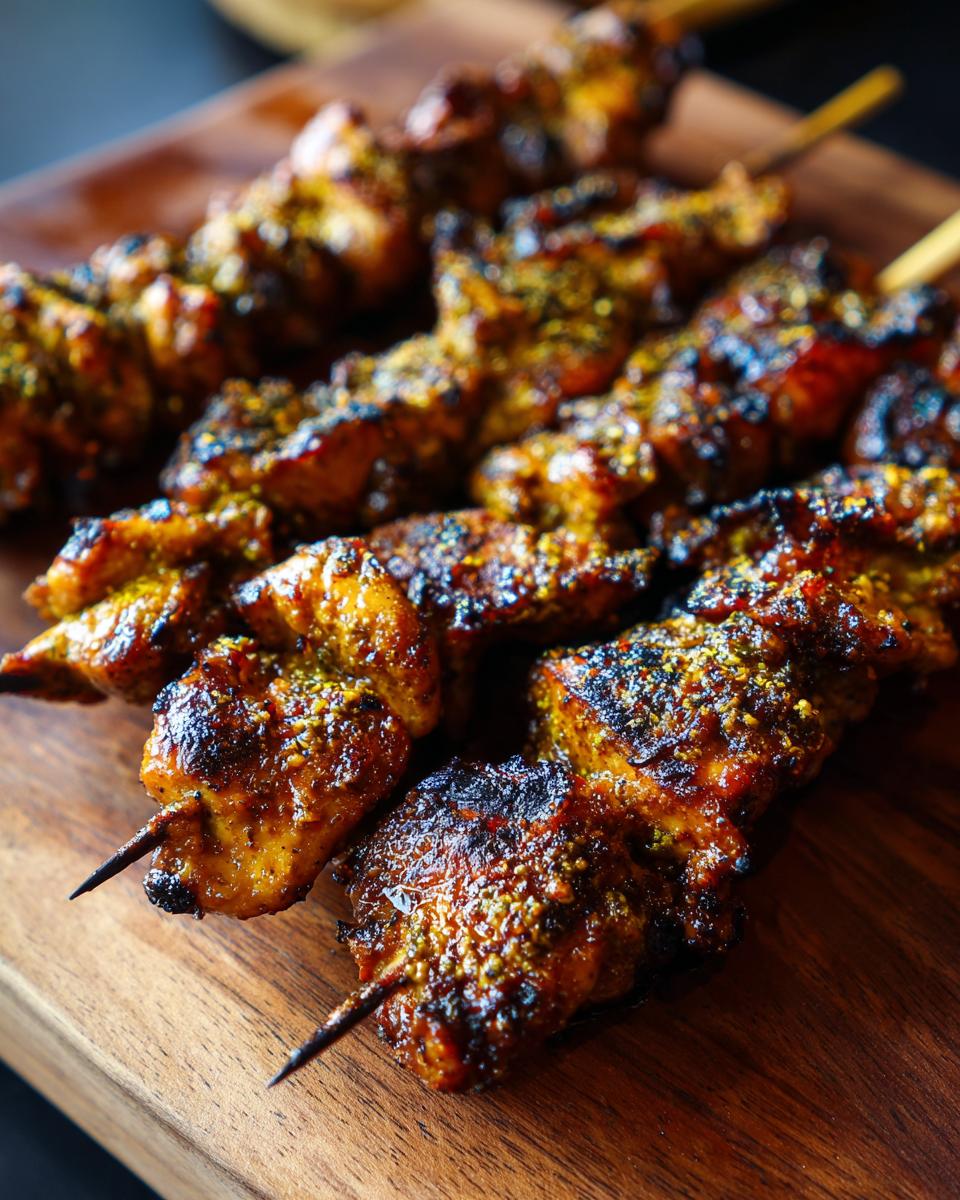 Close-up of Garlic Parmesan Chicken Skewers on a wooden board, showcasing the golden-brown crust.