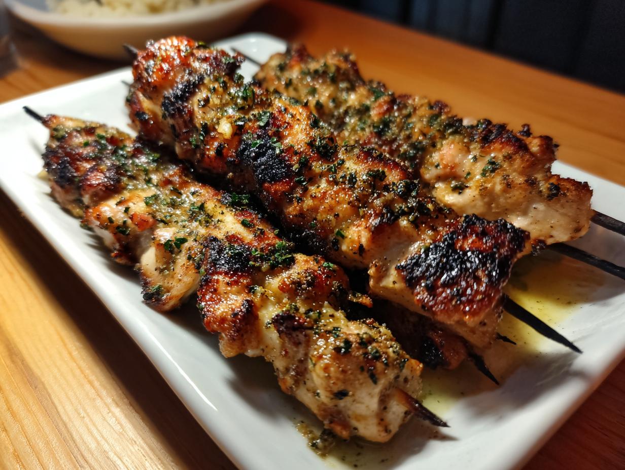 Three grilled Garlic Parmesan Chicken Skewers on a white plate, seasoned with herbs.