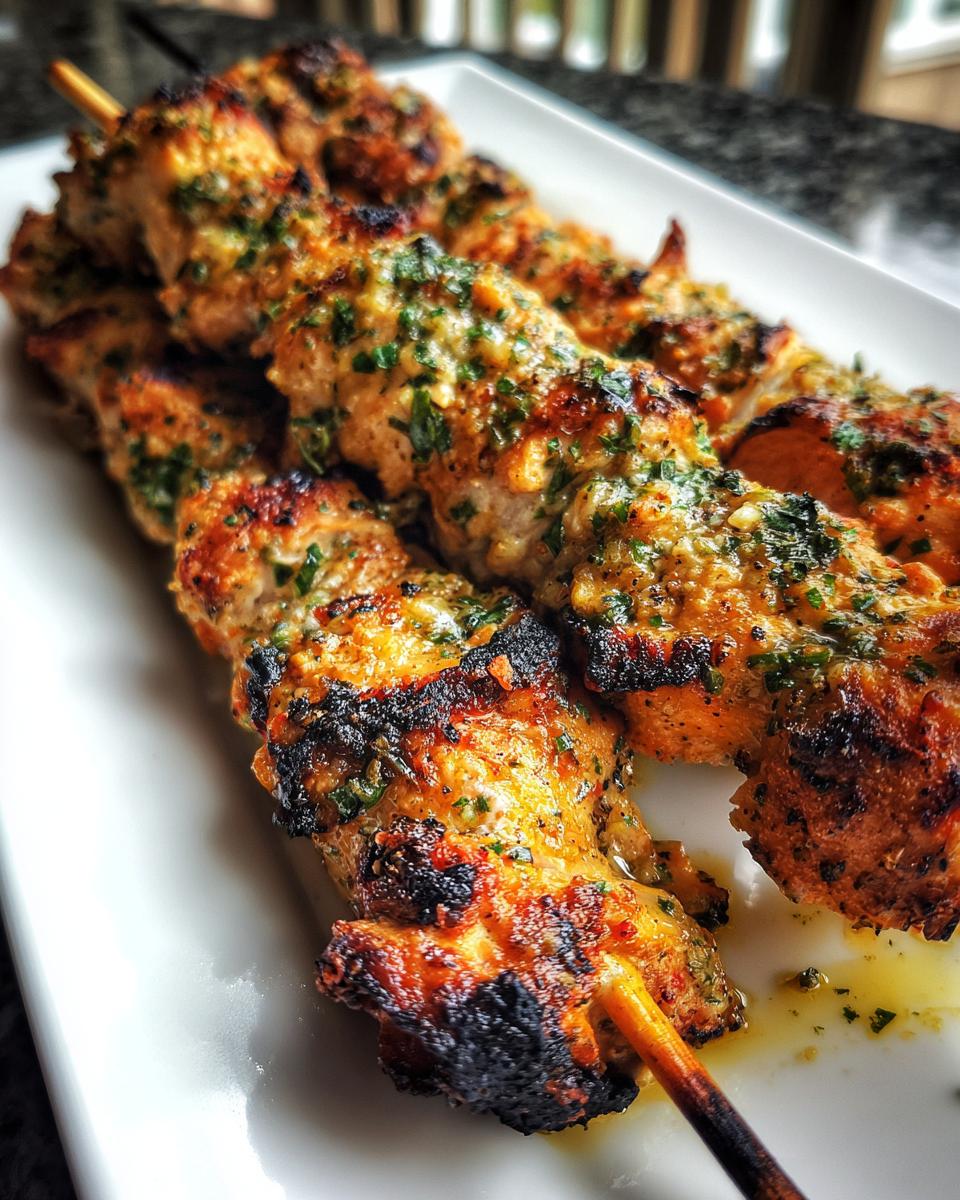 Close-up of Garlic Parmesan Chicken Skewers on a white plate, showing grilled chicken and herb garnish.