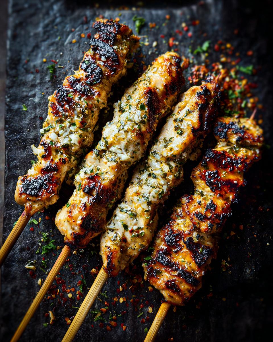 Four Garlic Parmesan Chicken Skewers arranged on a dark textured surface, sprinkled with herbs and spices.
