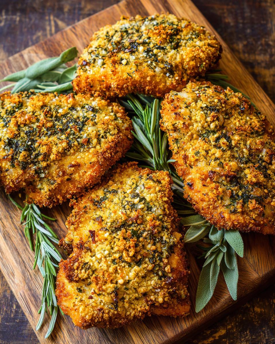 Four pieces of golden Garlic Parmesan Chicken on a wooden board, garnished with fresh herbs.