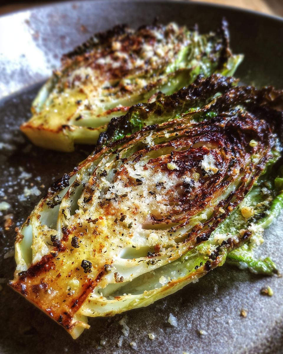 Two Garlic Parmesan Melting Cabbage Wedges on a plate, showing the crispy, cheesy topping.