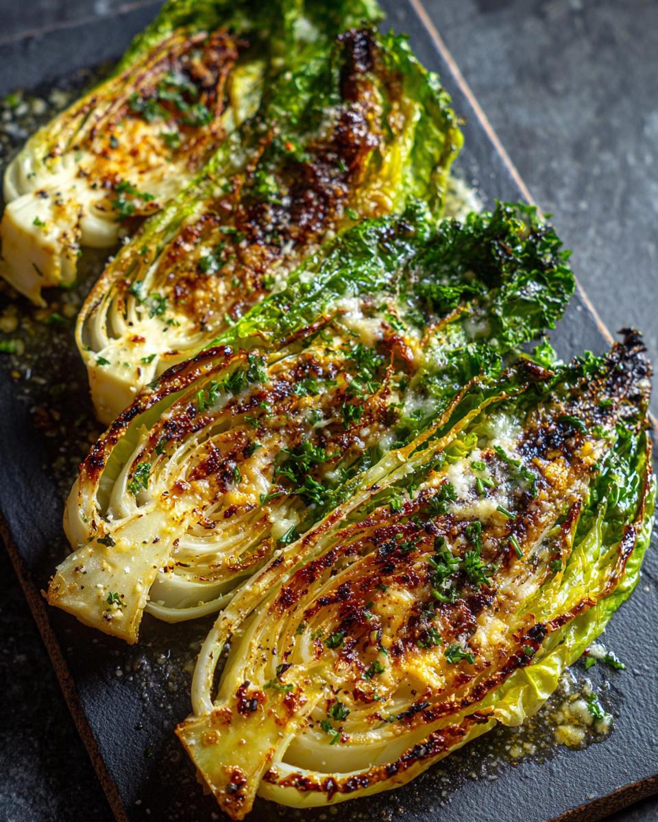 Three Garlic Parmesan Melting Cabbage Wedges on a dark serving platter, sprinkled with herbs.