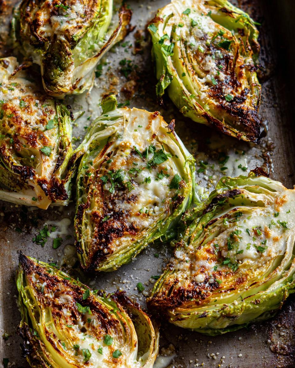 Overhead view of Garlic Parmesan Melting Cabbage Wedges on a baking sheet, garnished with parsley.