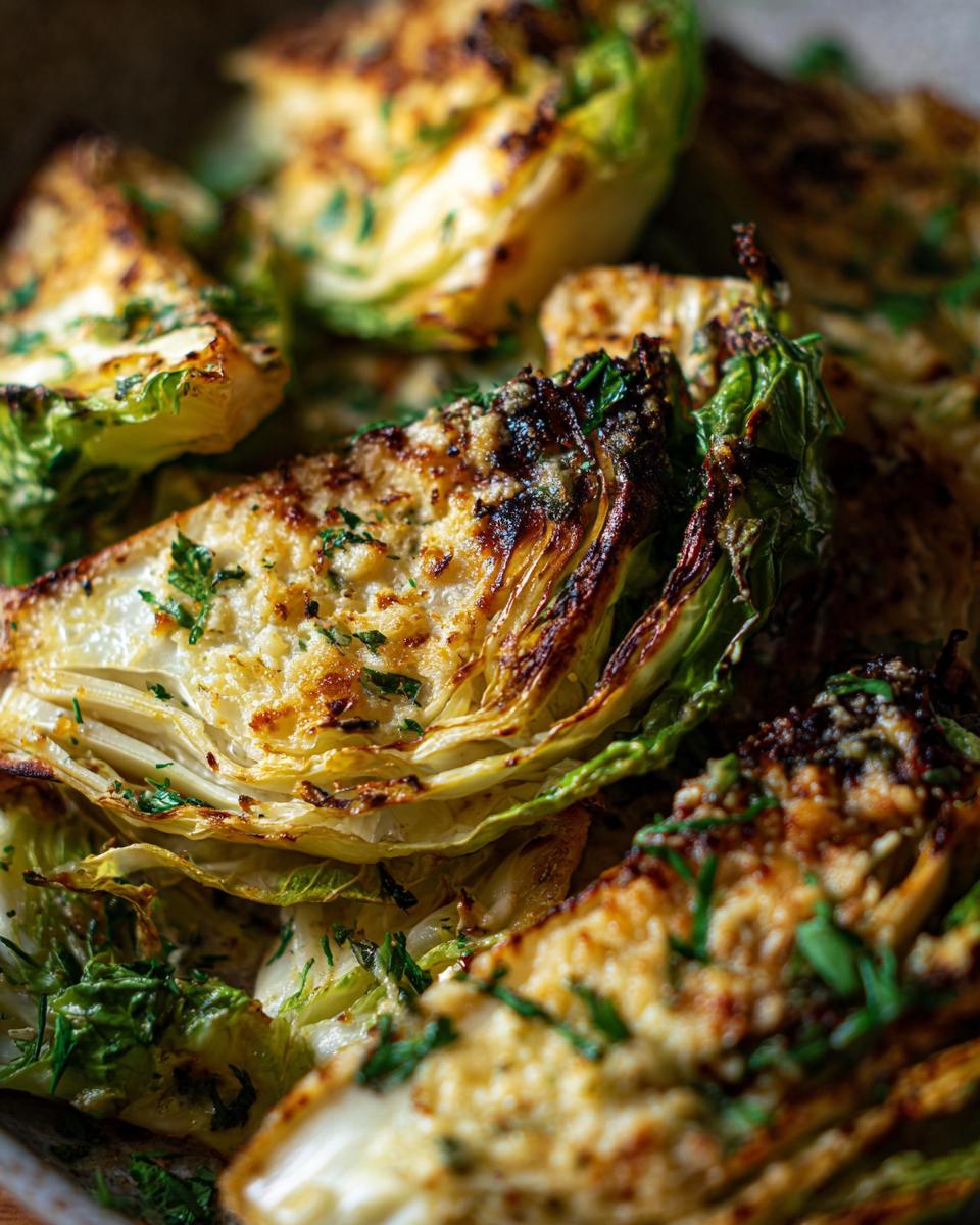 Close-up of Garlic Parmesan Melting Cabbage Wedges, showing golden-brown tops and fresh parsley garnish.