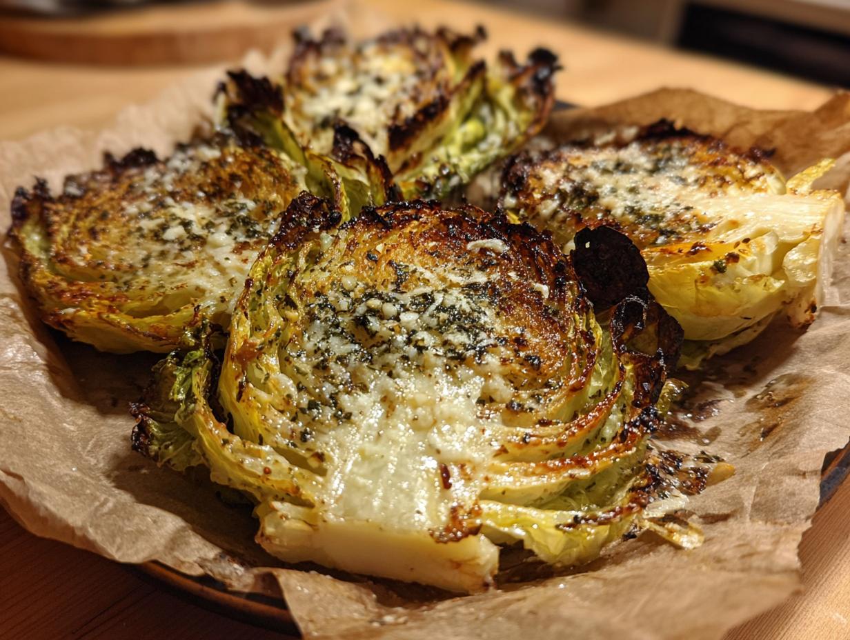 Close-up of Garlic Parmesan Melting Cabbage Wedges on parchment paper, showcasing the golden-brown crust and melted cheese.