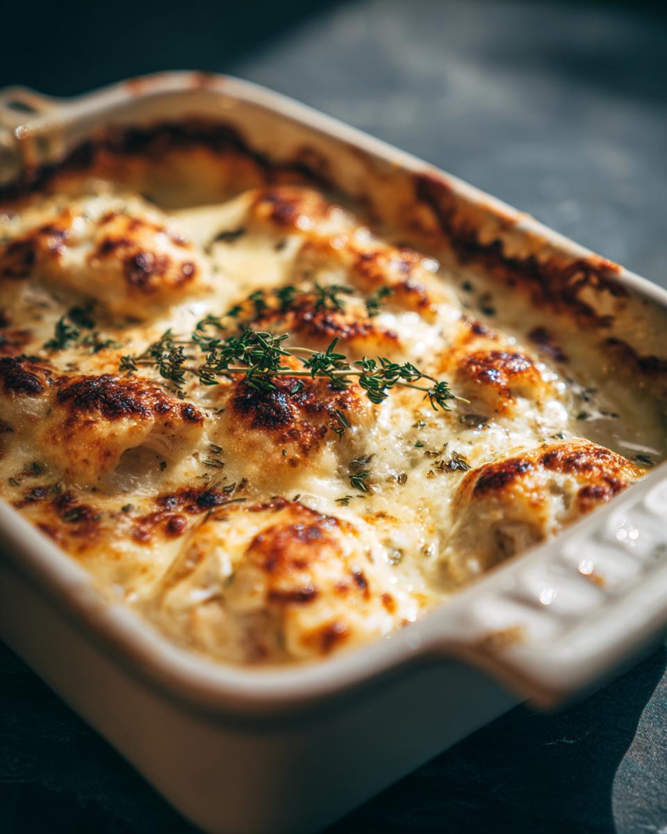 Close-up of Garlic Shrimp Gratin in a baking dish, topped with melted cheese and fresh thyme.