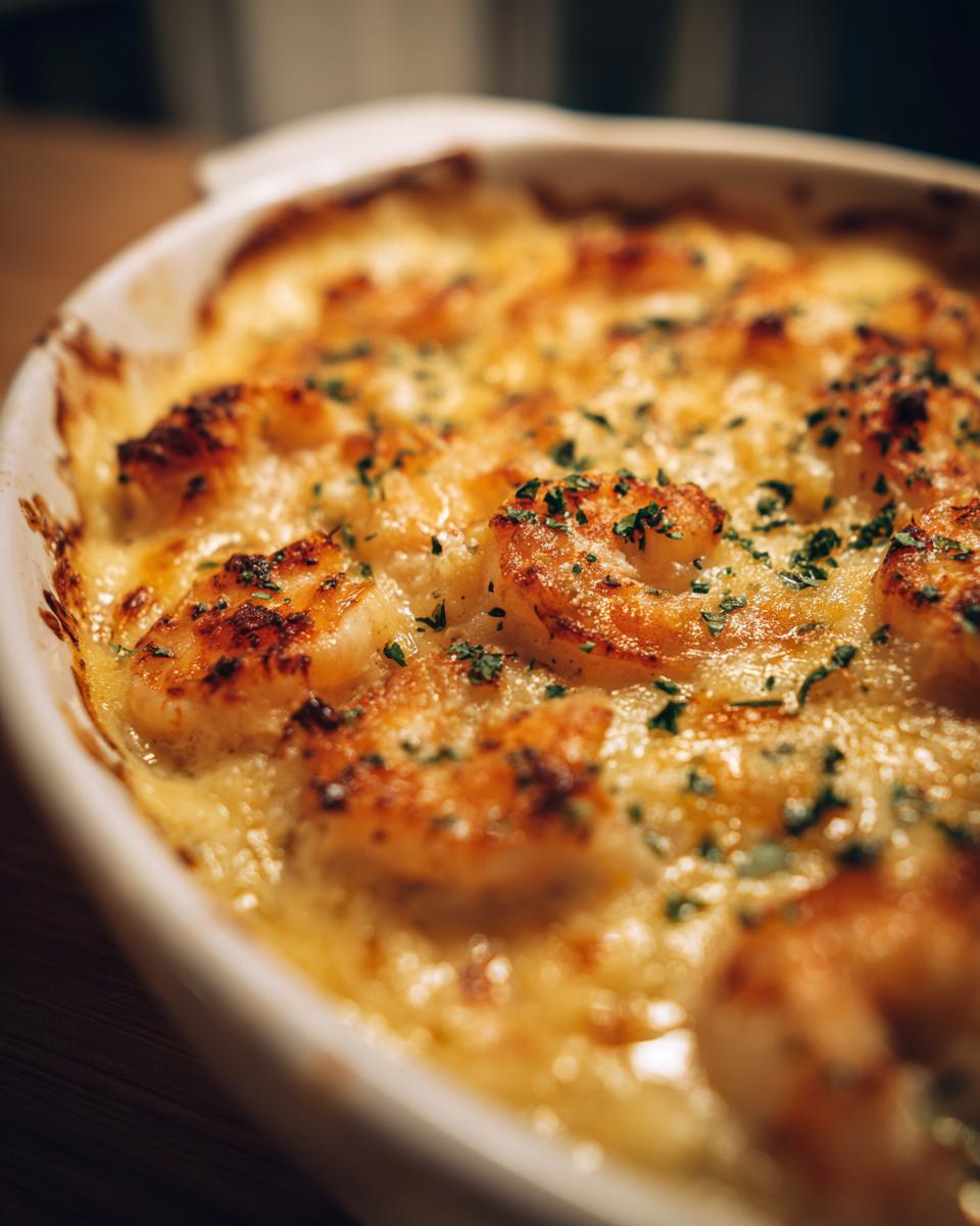 Close-up of Garlic Shrimp Gratin in a white baking dish, topped with melted cheese and parsley.