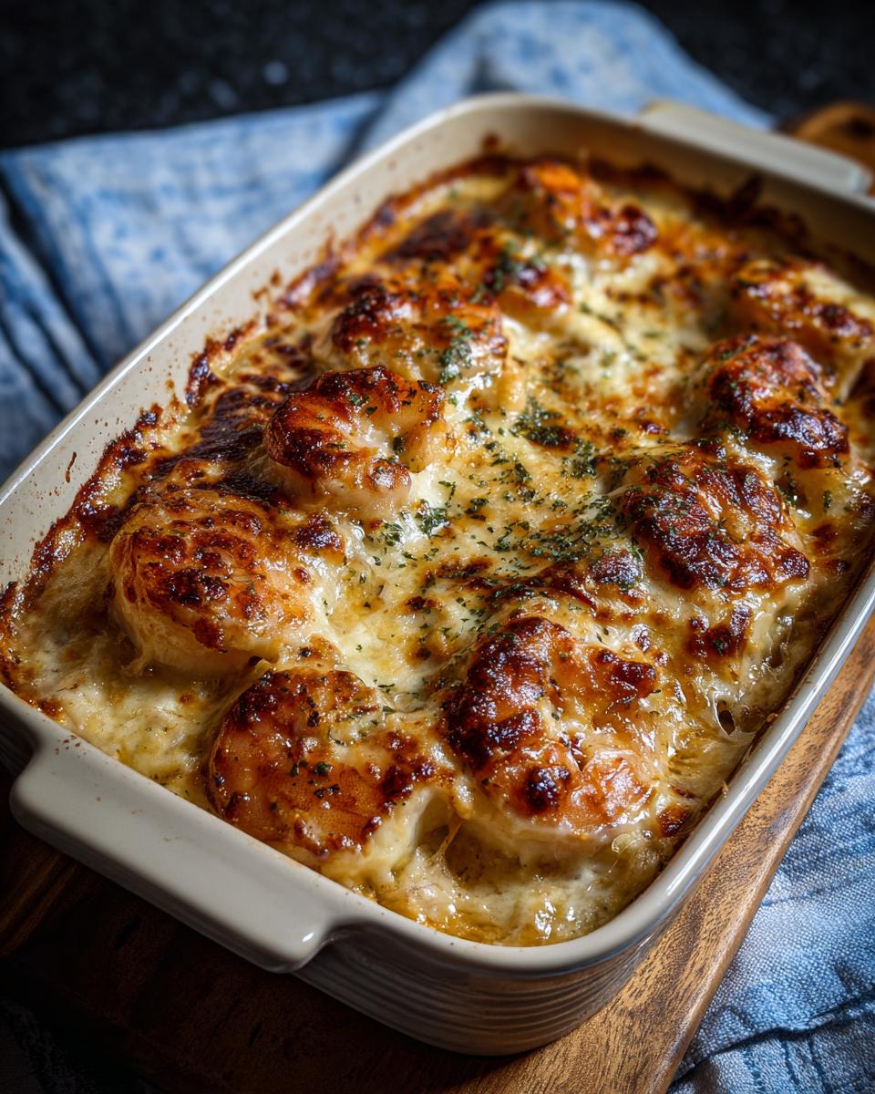 Overhead view of a bubbling Garlic Shrimp Gratin in a baking dish, topped with cheese and herbs.