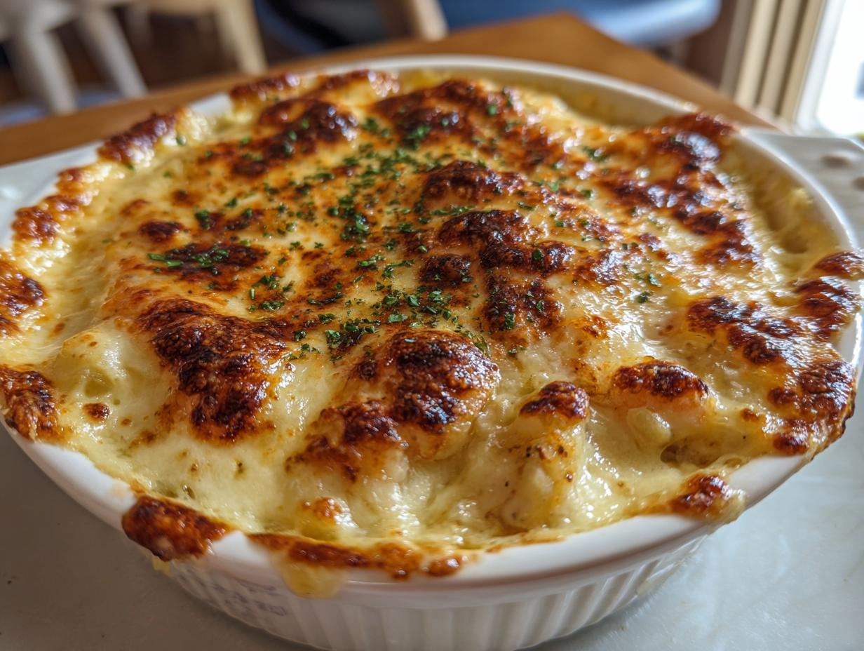 Close-up of Garlic Shrimp Gratin in a white dish, topped with melted cheese and herbs.