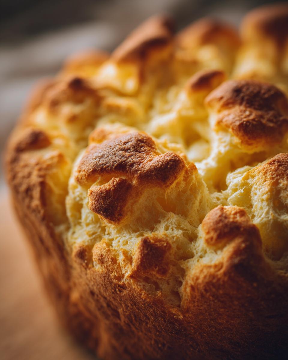 Close-up of a freshly baked loaf of Cloud Bread, showing its golden-brown crust and airy texture.