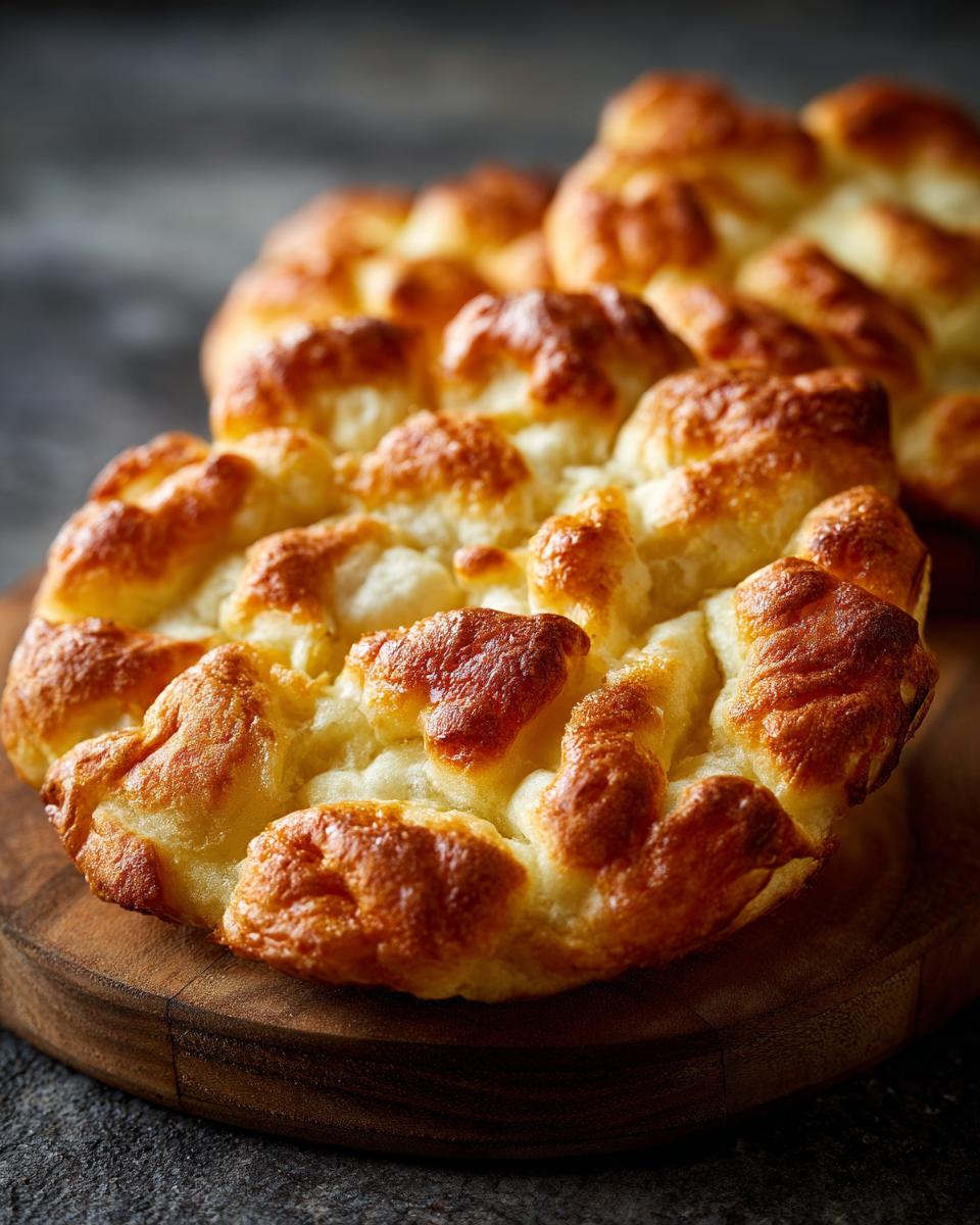 Close-up of golden brown cloud bread on a wooden board, showcasing its airy texture and slightly crisp top.